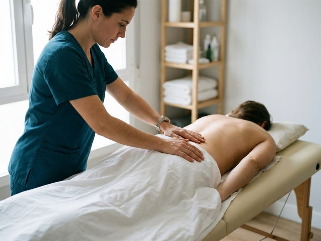 Sesión de terapia manual en la camilla del centro de fisioterapia Tuisaúde en Tui